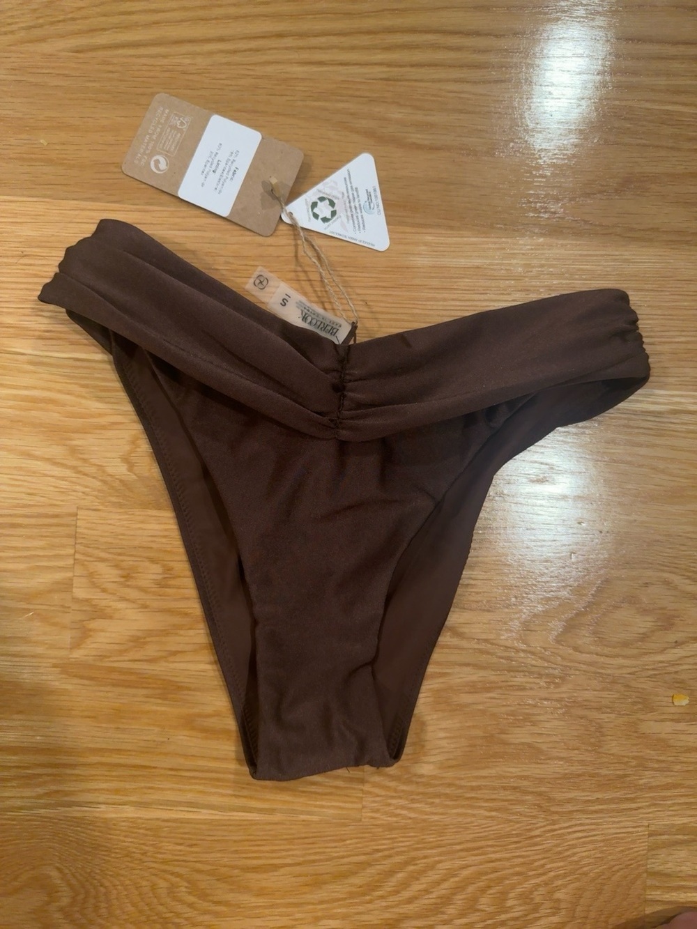 NWT Berlook Brown Ruched Bikini Bottom Size Small High Cut Cheeky Swim Bottom